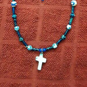 hand strung necklace with dark blue  Jasper and Porceline beads